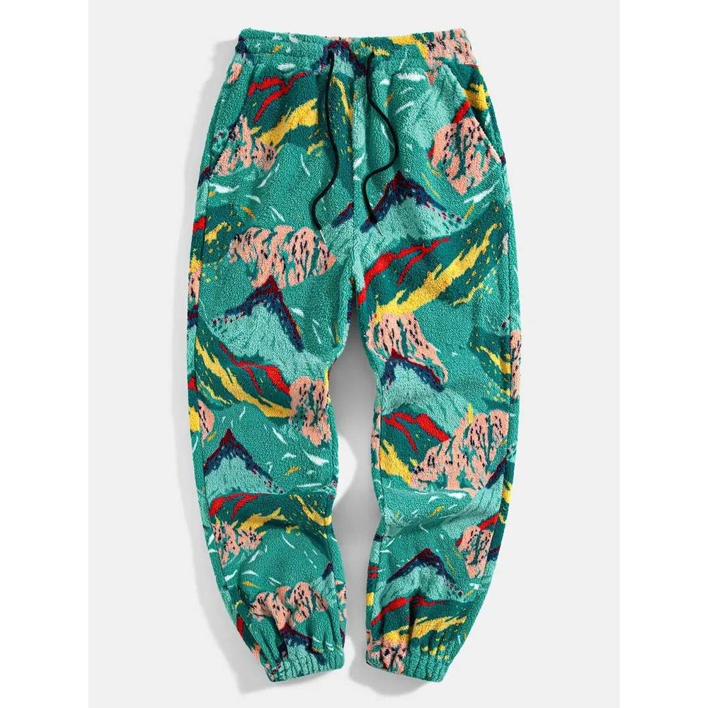 Abstract Mountain Sherpa Fleece Joggers Teal Blue Yellow Size M Camping Outdoors